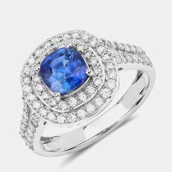 Pre Owned 1.28 cts Blue Sapphire and Diamond 18K White Gold Halo Ring US Size 7