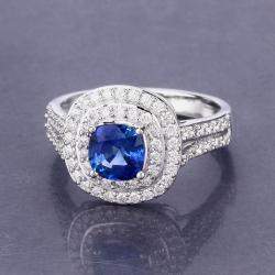Pre Owned 1.28 cts Blue Sapphire and Diamond 18K White Gold Halo Ring US Size 7