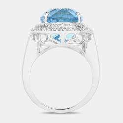 Pre Owned 12.44 cts Aquamarine and Diamond 14K White Gold Halo Ring US Size 7
