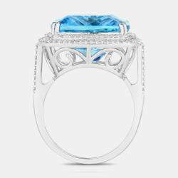 Pre Owned خاتم هالو من الأكوامارين والألماس بوزن 12.80 قيراط من الذهب الأبيض عيار 14 ومقاس أمريكي 7