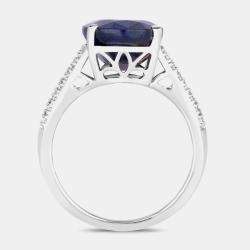 مملوكة مسبقًا 6.21 cts Blue Sapphire and Diamond 14K White Gold Bridge Ring US Size 7