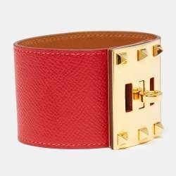 Pre Owned Hermès Kelly Dog Red Leather Gold Plated Bracelet