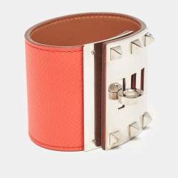 Pre Owned Hermes Kelly Dog Orange Leather Palladium Plated Bracelet