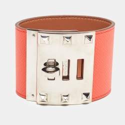 Pre Owned Hermes Kelly Dog Orange Leather Palladium Plated Bracelet