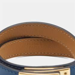 Pre Owned Hermes Kelly Double Tour Navy Blue Leather Gold Plated Bracelet