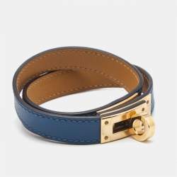 Pre Owned Hermes Kelly Double Tour Navy Blue Leather Gold Plated Bracelet