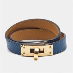Pre Owned Hermes Kelly Double Tour Navy Blue Leather Gold Plated Bracelet