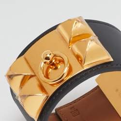 Hermes Collier de Chien Black Leather Gold Plated Cuff Bracelet