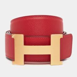Hermes Rouge Casaque/Rose Jaipur Epsom Leather Brushed Constance Buckle Reversible Belt 105 CM