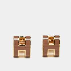 Pre Owned أقراط هيرميس ميني بوب إتش إيمايل بني مطلية بالذهب