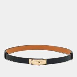 Pre Owned Hermès Noir Epsom Leather Rose Gold Finish Kelly 18 Adjustable Belt