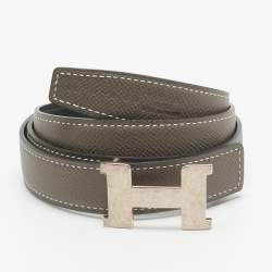 Pre Owned Hermes Etoupe/Noir Epsom and Swift Leather H Martelee Buckle Reversible Belt 85 CM