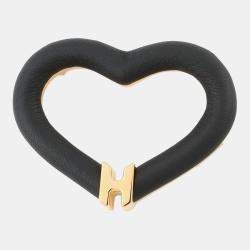 Pre Owned Hermes Brooch "Au Coeur Du Fauve" Black Swift Leather Gold Plated
