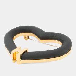 Pre Owned Hermes Brooch "Au Coeur Du Fauve" Black Swift Leather Gold Plated