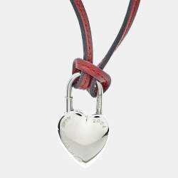 Pre Owned Hermès  Heart Leather Silver Tone Necklace