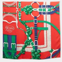مملوكة مسبقًا Hermès Rouge/Vert Grand Manege Detail Silk Scarf