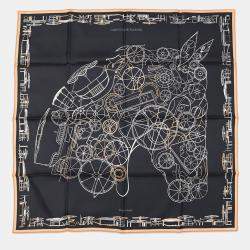 Pre Owned Hermes Carre Complication Equestre Size 90 Black/Abricot/White Silk100%