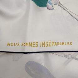 Pre Owned Hermes Carre Always Together Nous Sommes Inseparables Size 90 White/Gold/Violet Silk100%