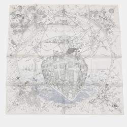 Pre Owned وشاح حرير هيرمس كارير هيرمس فلاجشيب مقاس تسعين أبيض/أسود/رمادي