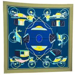 Pre Owned Hermes Navy Blue & Olive Transformation Cars Silk Twill Square Scarf