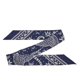 Pre Owned Hermes Navy Blue Les Leopards Silk Bandana Twilly