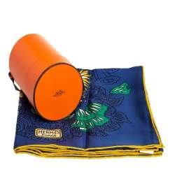 Pre Owned Hermes Dark Blue Cache Cache Fleuri Silk Square Scarf