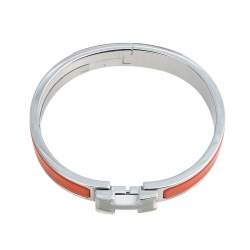 Pre Owned Hermès Clic H Orange Enamel Palladium Plated Narrow Bracelet
