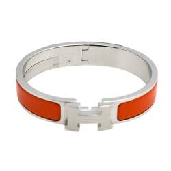 Pre Owned Hermès Clic H Orange Enamel Palladium Plated Narrow Bracelet