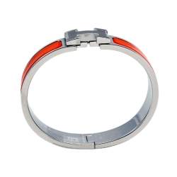 Pre Owned Hermès Clic H Orange Enamel Palladium Plated Narrow Bracelet