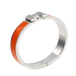 Pre Owned Hermès Clic H Orange Enamel Palladium Plated Narrow Bracelet