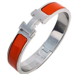 Pre Owned Hermès Clic H Orange Enamel Palladium Plated Narrow Bracelet