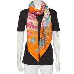 Pre Owned Hermés Orange Plumes En Fete Cashmere & Silk Scarf