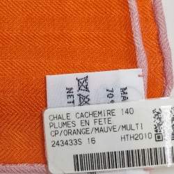 Pre Owned Hermés Orange Plumes En Fete Cashmere & Silk Scarf