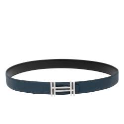 Pre Owned Hermes Noir/Bleu De Prusse Chamonix and Togo Leather H Au Carre Reversible Belt 95CM