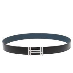 Pre Owned Hermes Noir/Bleu De Prusse Chamonix and Togo Leather H Au Carre Reversible Belt 95CM
