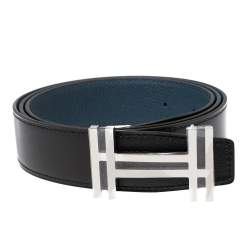 Pre Owned Hermes Noir/Bleu De Prusse Chamonix and Togo Leather H Au Carre Reversible Belt 95CM