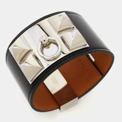 Hermes Collier De Chien Leather Palladium Plated Cuff Bracelet T3