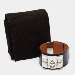 Hermes Collier De Chien Leather Palladium Plated Cuff Bracelet T3