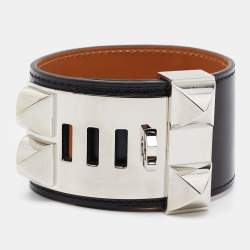 Hermes Collier De Chien Leather Palladium Plated Cuff Bracelet T3