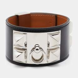 Hermes Collier De Chien Leather Palladium Plated Cuff Bracelet T3