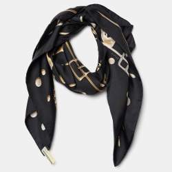 Pre Owned Hermès Black & Gold Cheval Fusion Silk Scarf