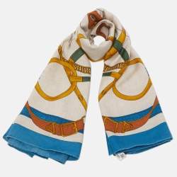 Pre Owned Hermes Bleu Cobalt/Naturel Eperon d'or Cashmere & Silk Shawl