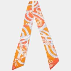 Pre Owned Hermes Orange/Bleu Della Cavalleria Silk Maxi Slim Twilly