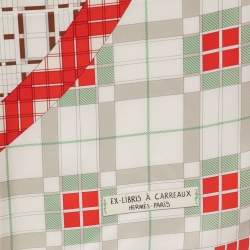 Hermes White/Rouge Ex-Libris a Carreaux Silk Scarf