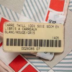 Hermes White/Rouge Ex-Libris a Carreaux Silk Scarf