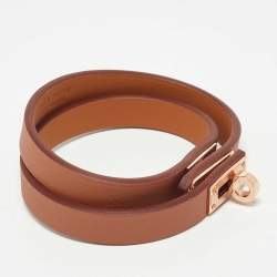 Hermes Light Brown Leather Gold Plated Mini Kelly Double Tour Bracelet