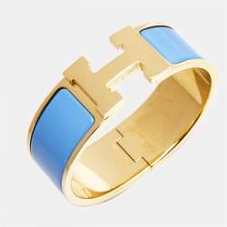 Pre Owned Hermes Clic Clac H Blue Enamel Gold Plated Bracelet