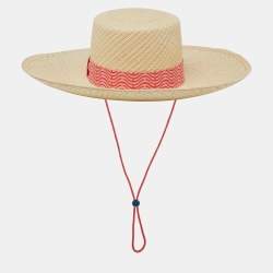 Hermes Beige Panama Chevron Trim Straw Elettra Hat Size 56