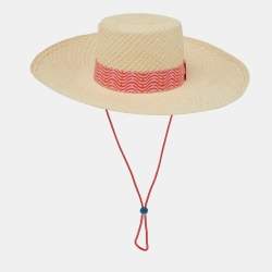 Hermes Beige Panama Chevron Trim Straw Elettra Hat Size 56