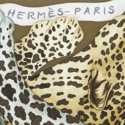 Pre Owned Hermès Khaki Green Print Silk Lazy Leopardesses Square Scarf